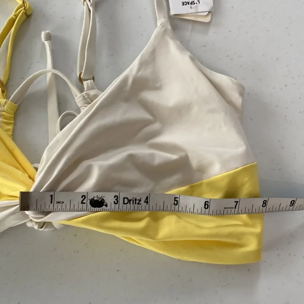 L*Space Ringo Swim Bikini Top Separates Yellow White Twisted Knot Front DD Cup